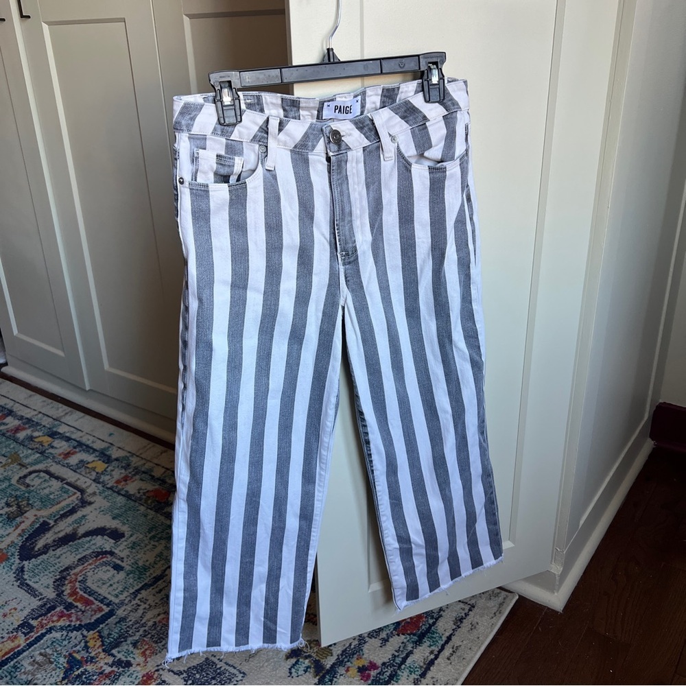 PAIGE Nellie Culotte High-Rise Wide-Leg Vertical Stripe Jeans in gray/White 29